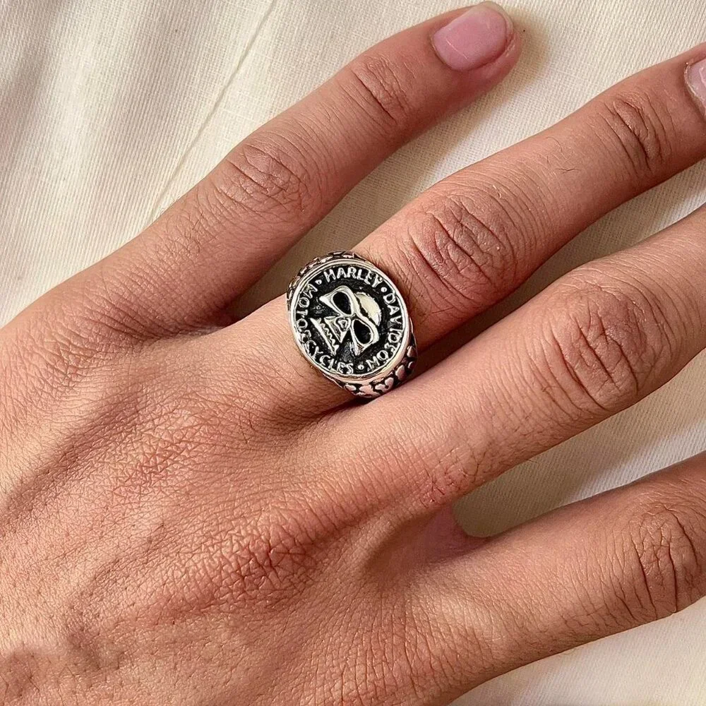 Vintage Harley biker flame skull silver chrome ring